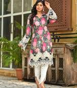 Abstract Floral Printed Embroidered Straight Fit Kurta with Dhoti Pant - Multi