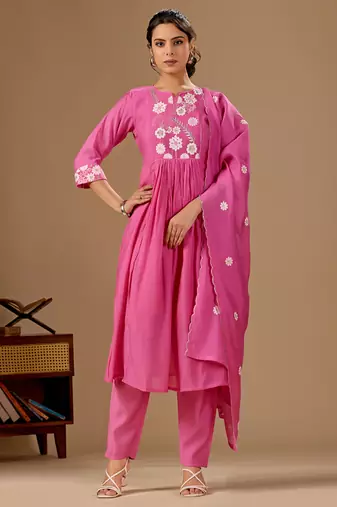 Pink embroidered mul cotton kurta pant dupatta set