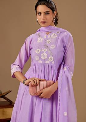 Purple embroidered mul cotton kurta pant dupatta set 2