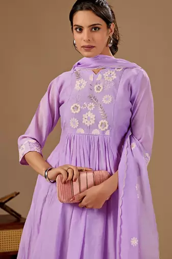 Purple embroidered mul cotton kurta pant dupatta set