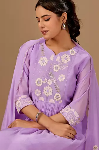 Purple embroidered mul cotton kurta pant dupatta set