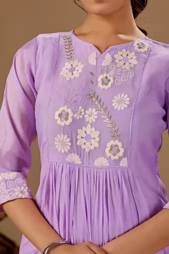 Purple embroidered mul cotton kurta pant dupatta set