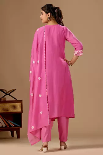 Pink embroidered mul cotton kurta pant dupatta set