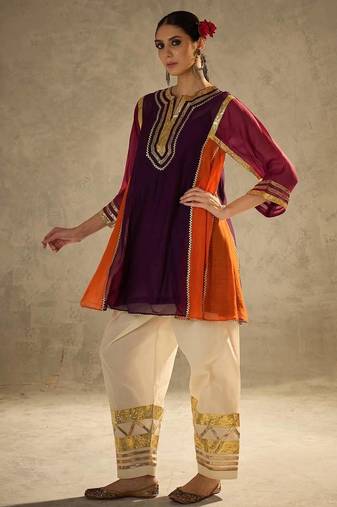 Wine embroidered chinon ethnic kurta pant set