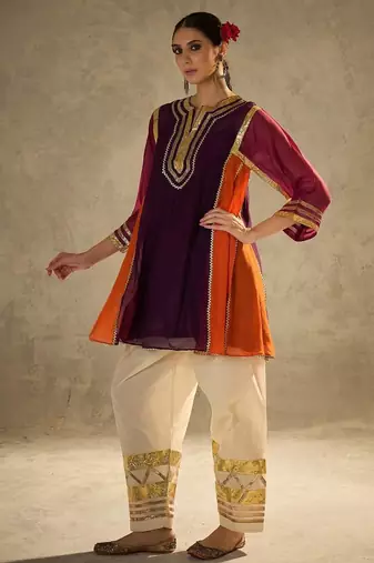 Wine embroidered chinon ethnic kurta pant set