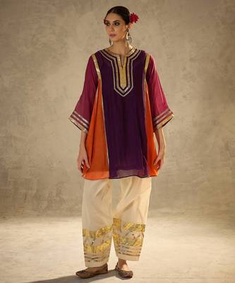 Wine embroidered chinon ethnic kurta pant set 2