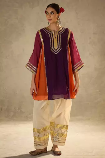 Wine embroidered chinon ethnic kurta pant set