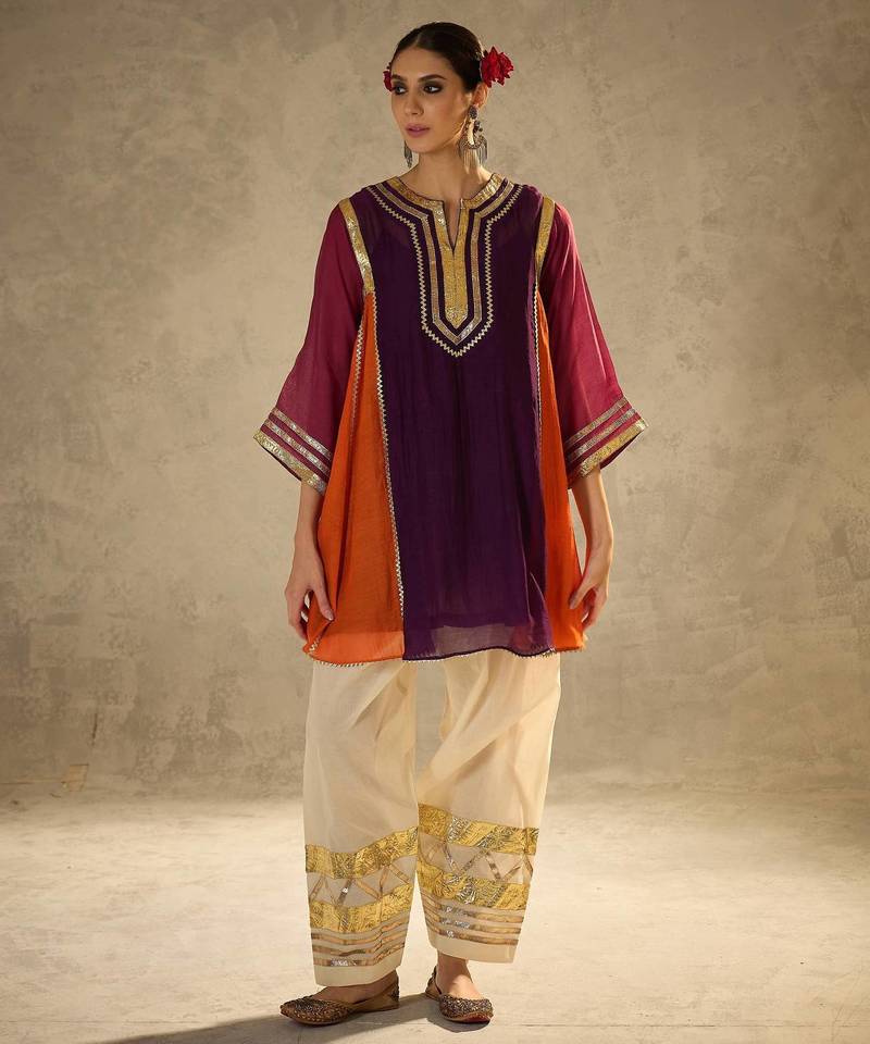 Wine embroidered chinon ethnic kurta pant set