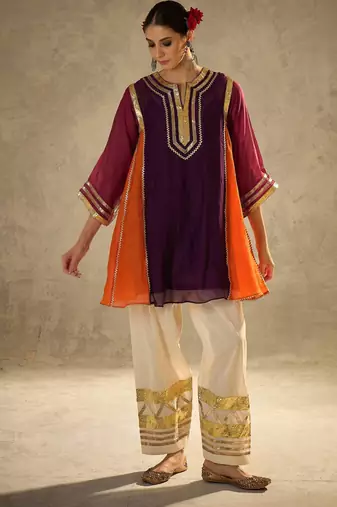 Wine embroidered chinon ethnic kurta pant set