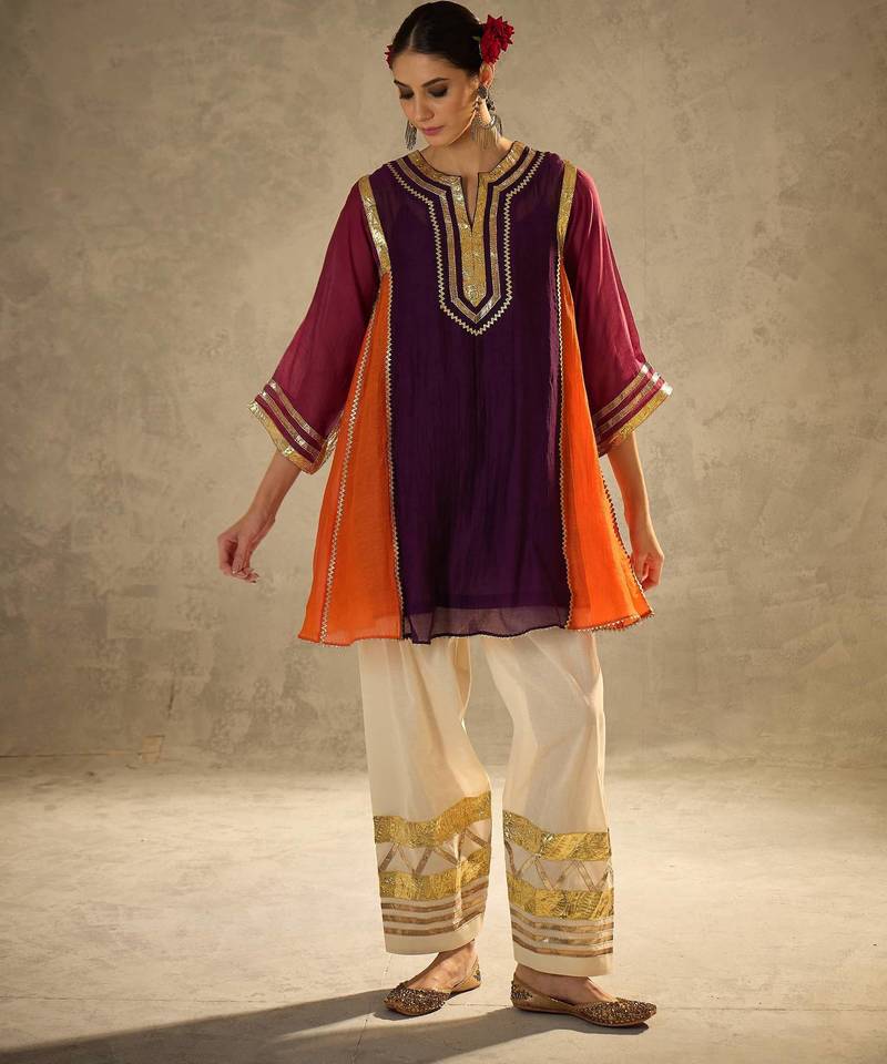 Wine embroidered chinon ethnic kurta pant set