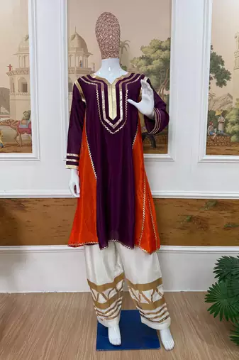 Wine embroidered chinon ethnic kurta pant set