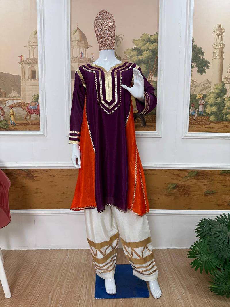 Wine embroidered chinon ethnic kurta pant set