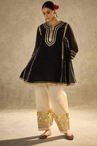 Black embroidered chinon ethnic kurta pant set