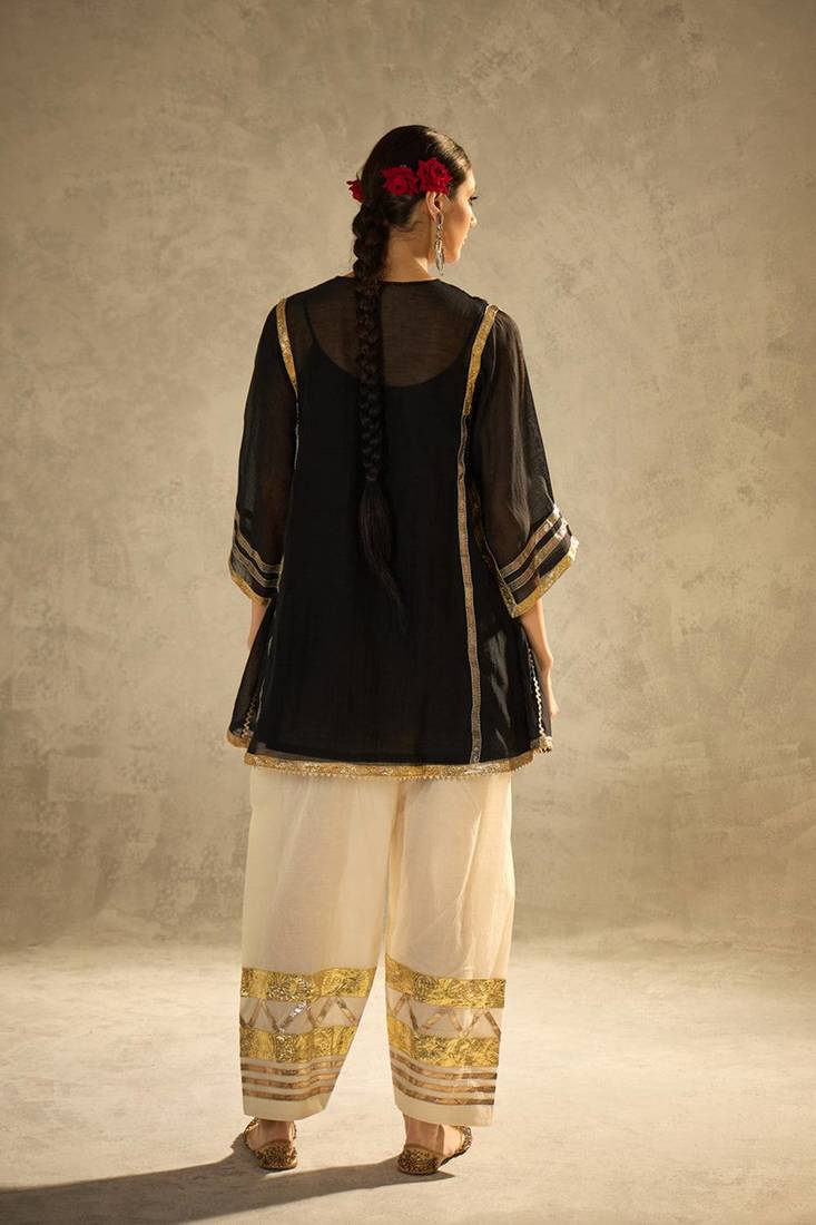 Black embroidered chinon ethnic kurta pant set