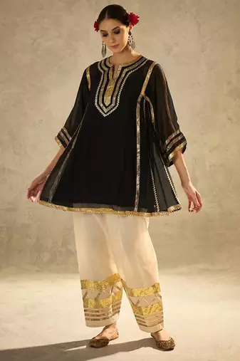 Black embroidered chinon ethnic kurta pant set