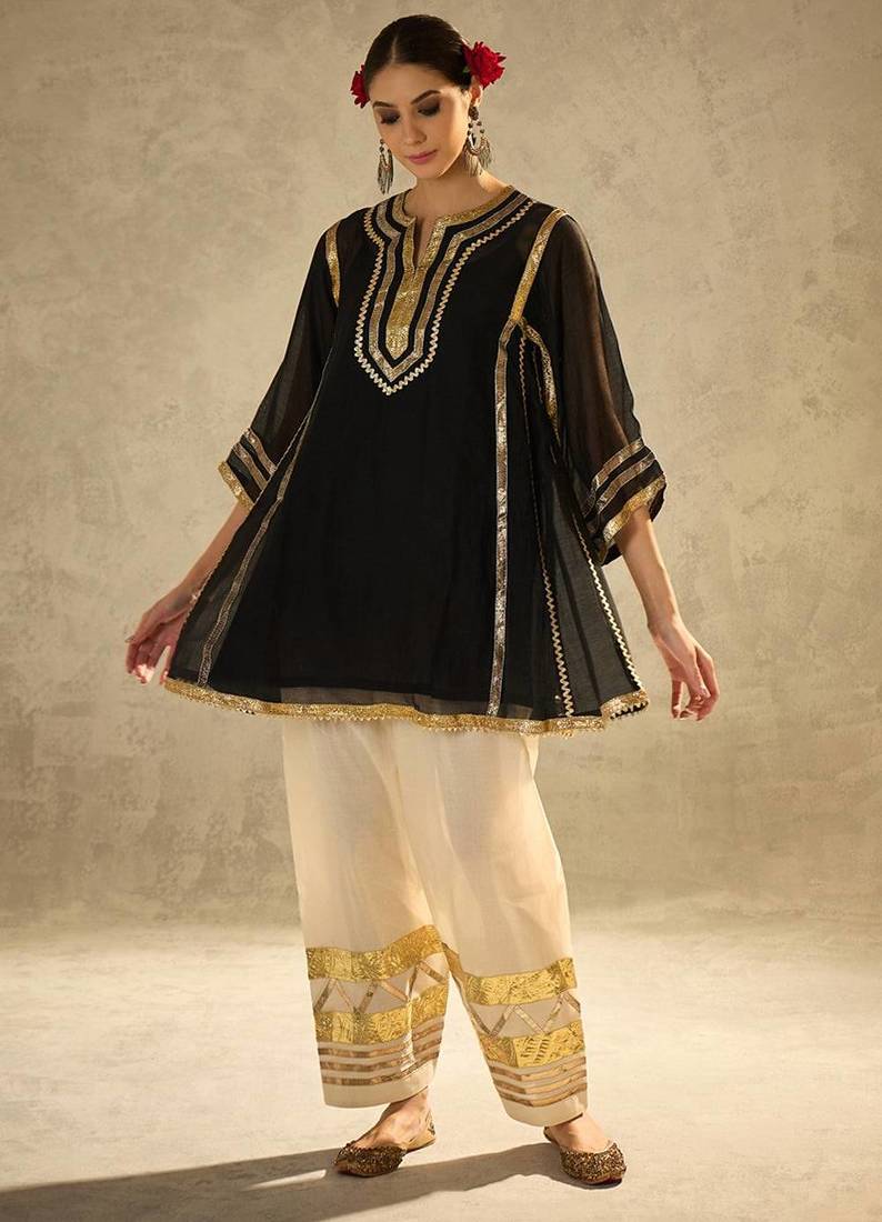 Black embroidered chinon ethnic kurta pant set