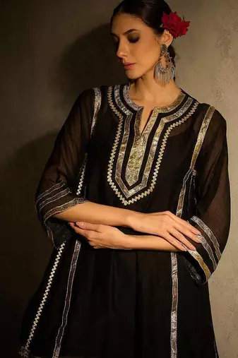 Black embroidered chinon ethnic kurta pant set
