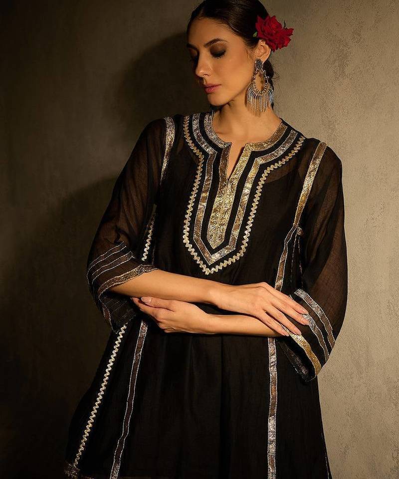 Black embroidered chinon ethnic kurta pant set