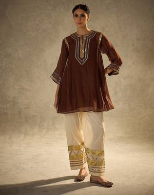 Coffee embroidered chinon ethnic kurta pant set 1