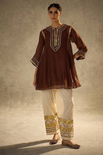 Coffee embroidered chinon ethnic kurta pant set
