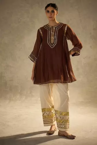 Coffee embroidered chinon ethnic kurta pant set