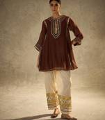 Coffee embroidered chinon ethnic kurta pant set