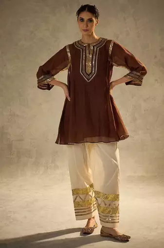 Coffee embroidered chinon ethnic kurta pant set