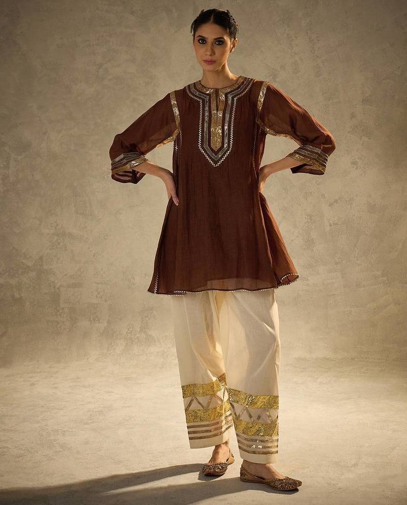 Coffee embroidered chinon ethnic kurta pant set