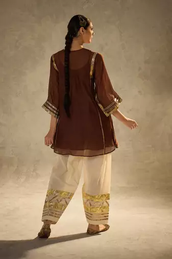 Coffee embroidered chinon ethnic kurta pant set