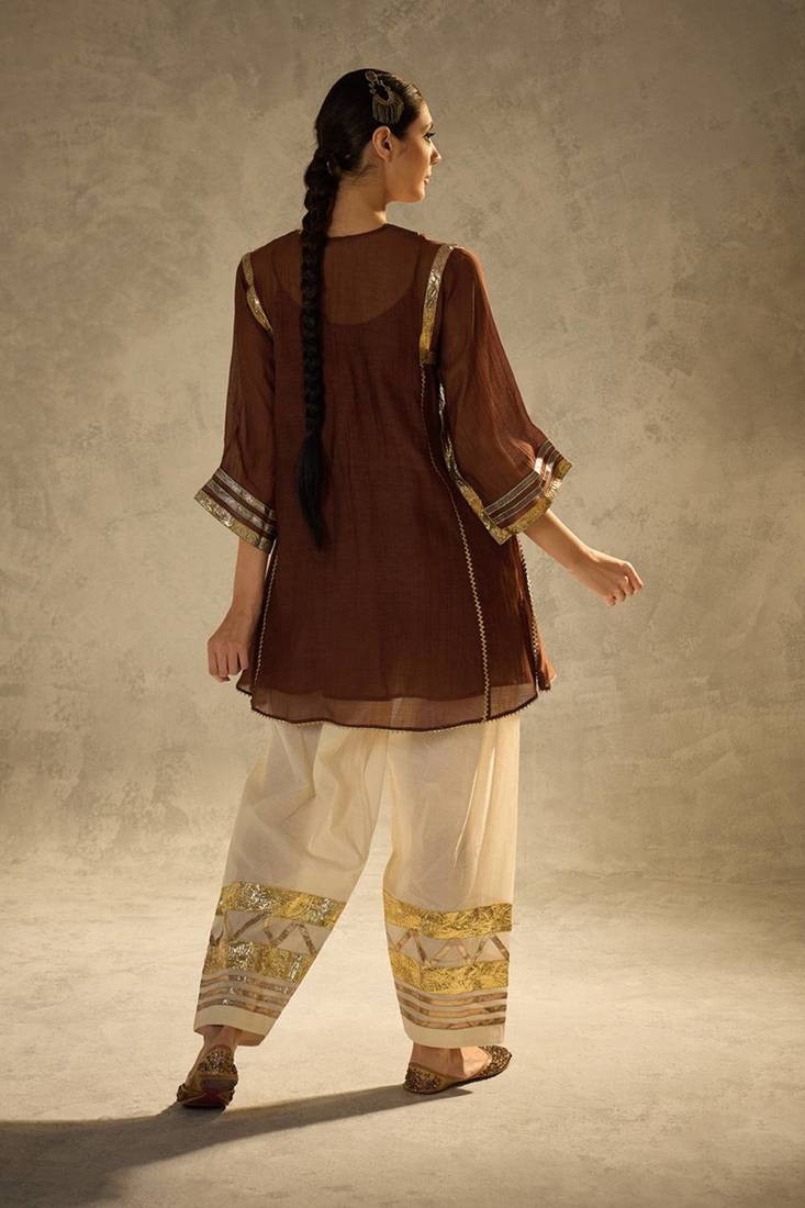 Coffee embroidered chinon ethnic kurta pant set