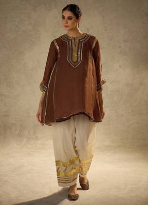 Coffee embroidered chinon ethnic kurta pant set 4
