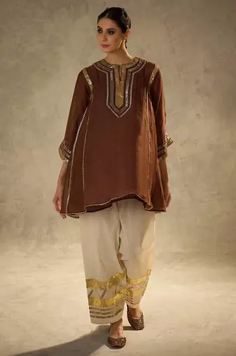 Coffee embroidered chinon ethnic kurta pant set