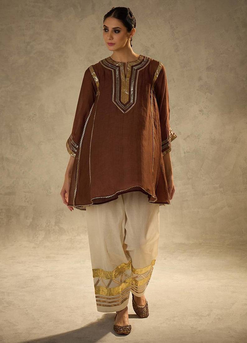 Coffee embroidered chinon ethnic kurta pant set