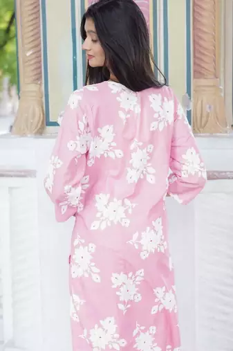 Pastel Pink Floral Printed Kurta Set with Mirror Work Neckline