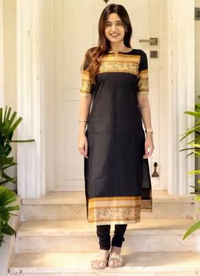 Black jacquard weaving kanchi cotton straight kurta dupatta set 1