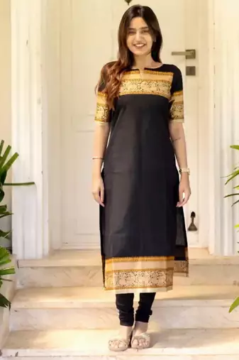 Black jacquard weaving kanchi cotton straight kurta dupatta set