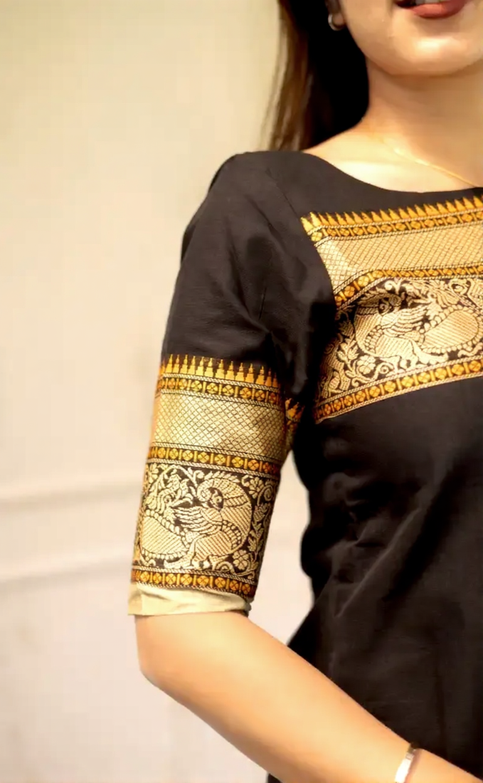 Black jacquard weaving kanchi cotton straight kurta dupatta set