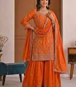 Orange natural crepe embroidered sharara suit set with dupatta