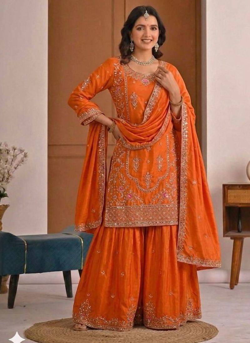Orange natural crepe embroidered sharara suit set with dupatta