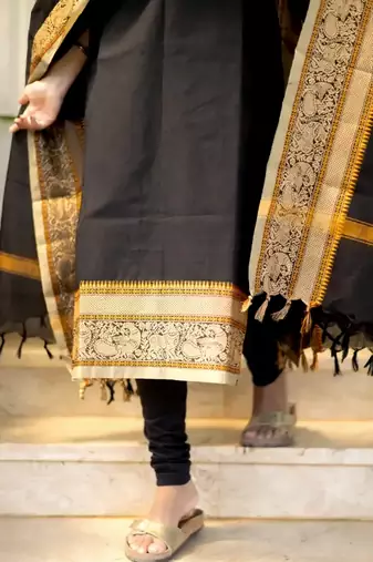 Black jacquard weaving kanchi cotton straight kurta dupatta set