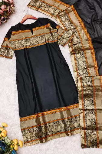 Black jacquard weaving kanchi cotton straight kurta dupatta set
