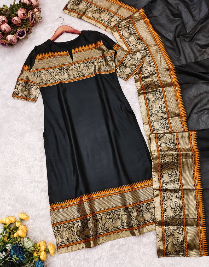 Black jacquard weaving kanchi cotton straight kurta dupatta set