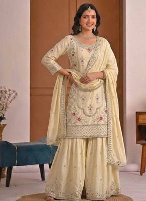 Cream natural crepe embroidered sharara suit set with dupatta 1