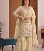 Cream natural crepe embroidered sharara suit set with dupatta