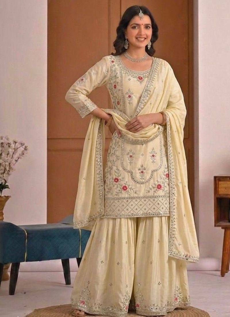 Cream natural crepe embroidered sharara suit set with dupatta