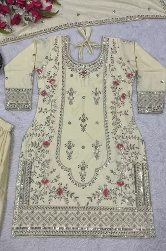 Cream natural crepe embroidered sharara suit set with dupatta