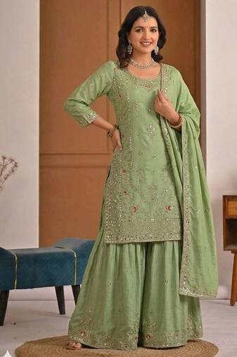 Green natural crepe embroidered sharara suit set with dupatta