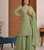 Green natural crepe embroidered sharara suit set with dupatta