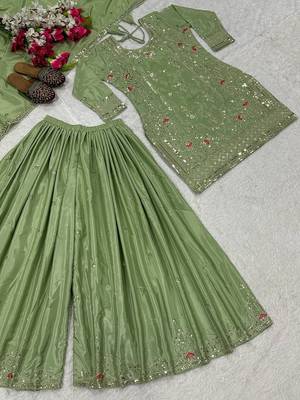 Green natural crepe embroidered sharara suit set with dupatta 3