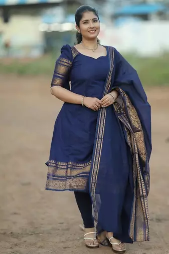 Blue jacquard weaving kanchi cotton straight kurta dupatta set